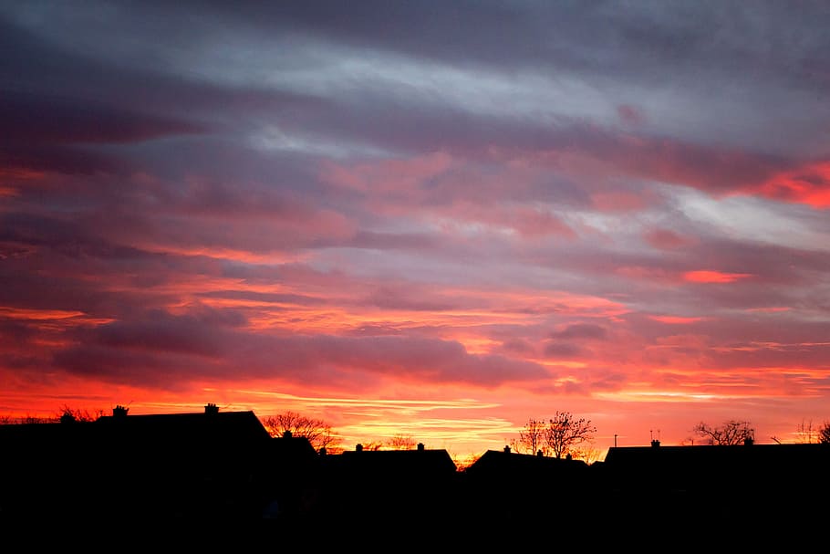 Sunset, Chimneys, Purple, Neighbourhood, sky, yellow, city, orange, blue, nature
