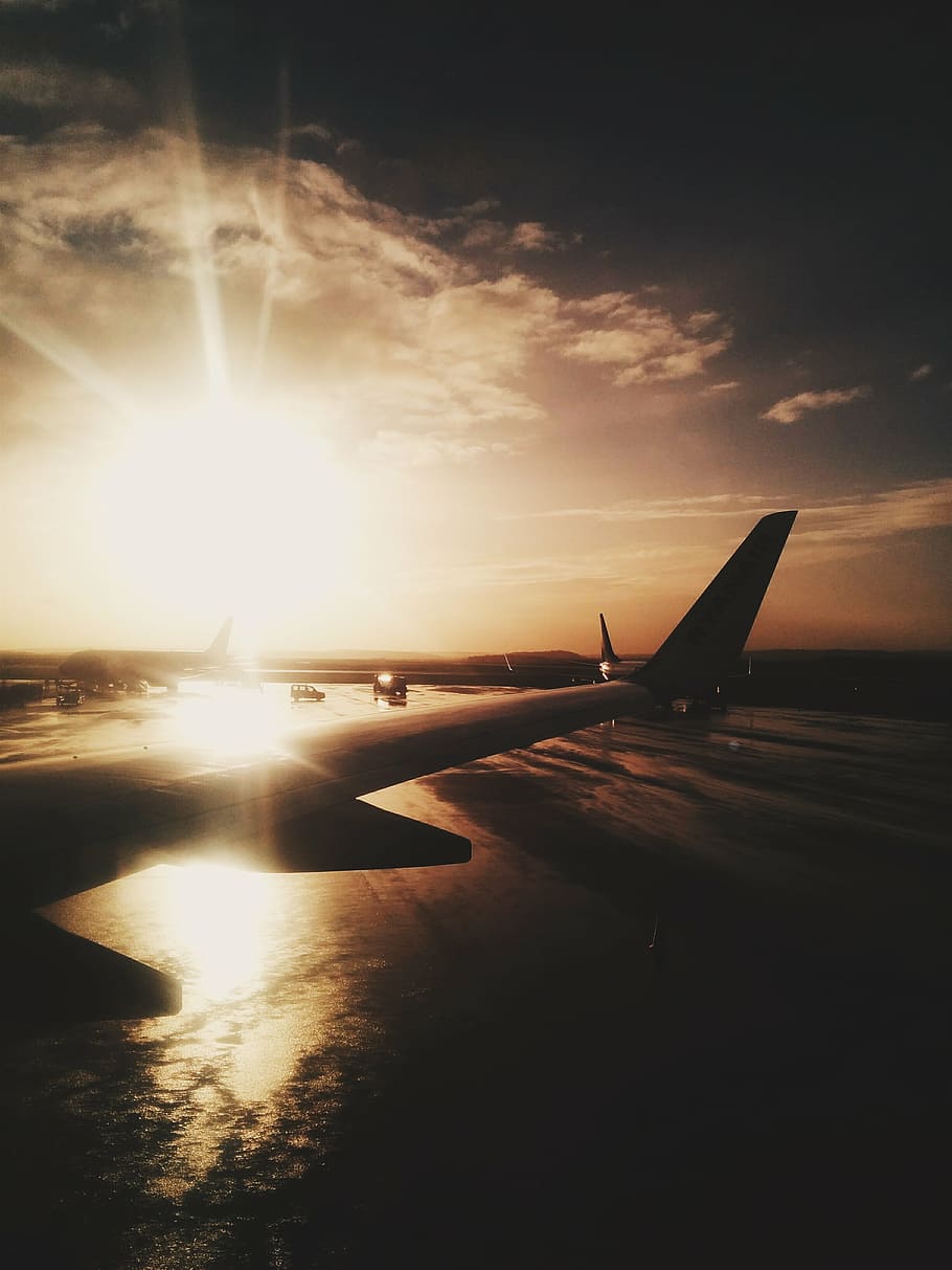 avión, dorado, hora, silueta, fotografía, aire, aviones, aeropuerto, oscuro, puesta de sol
