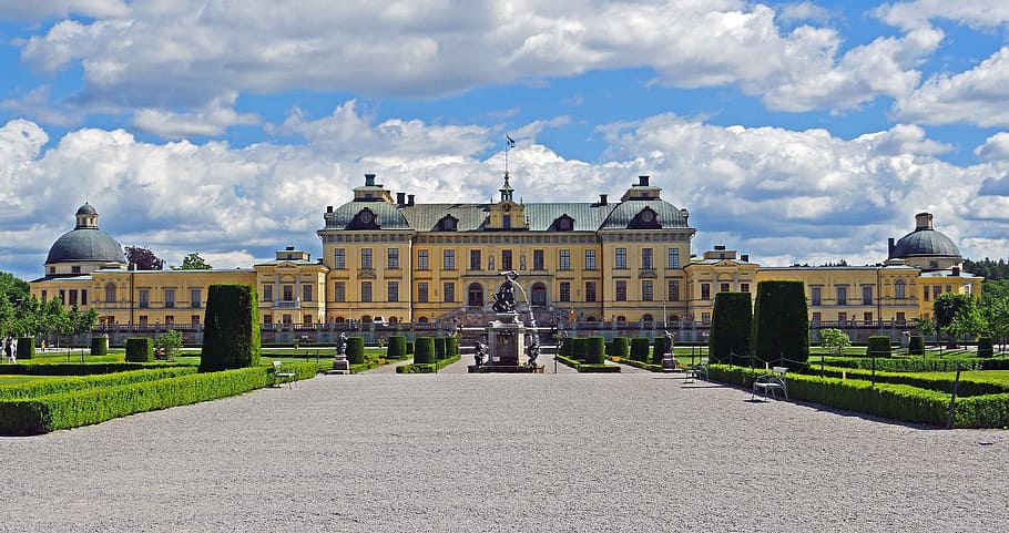 beige, edificio, durante el día, Castle Park, Drottningholm, simétrico, equipo, bígaro, fuente, Suecia