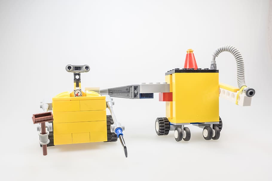 two, yellow, industrial, machine, lego, wall-e, figure, cult, computer, robot