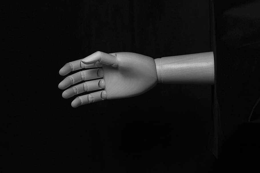 madera, blanco negro, manos, hombre palo, Mano, parte del cuerpo humano, mano humana, en interiores, tiro de estudio, fondo negro