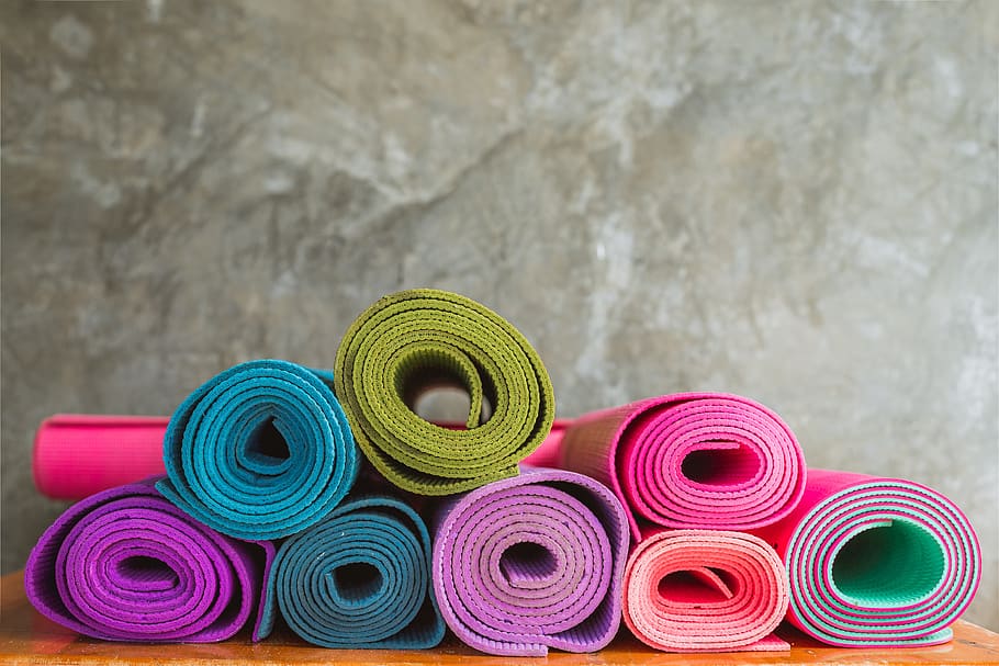 yoga, yoga mat, warna-warni, olahraga, mat, gerakan, peregangan, tumpukan, file, banyak yoga mat