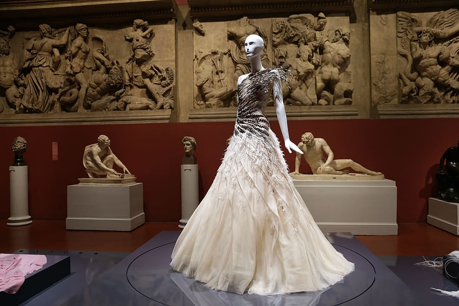 white, dress, worn, mannequin display, front, museum, theatre, mannequin, art, contemporary art