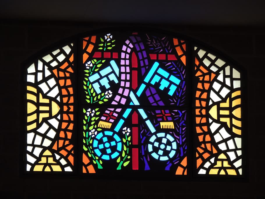 púrpura, marrón, blanco, manchado, decoración de cristal, mosaico, ventana, roseta, iglesia, vidrio