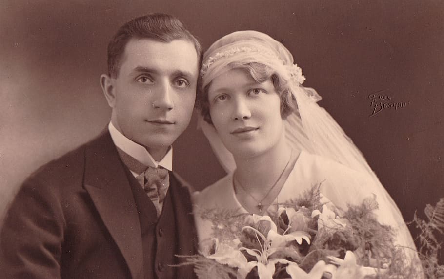 grayscale photo, man, woman, vintage, wedding, grandparents, old, photography, bride, love