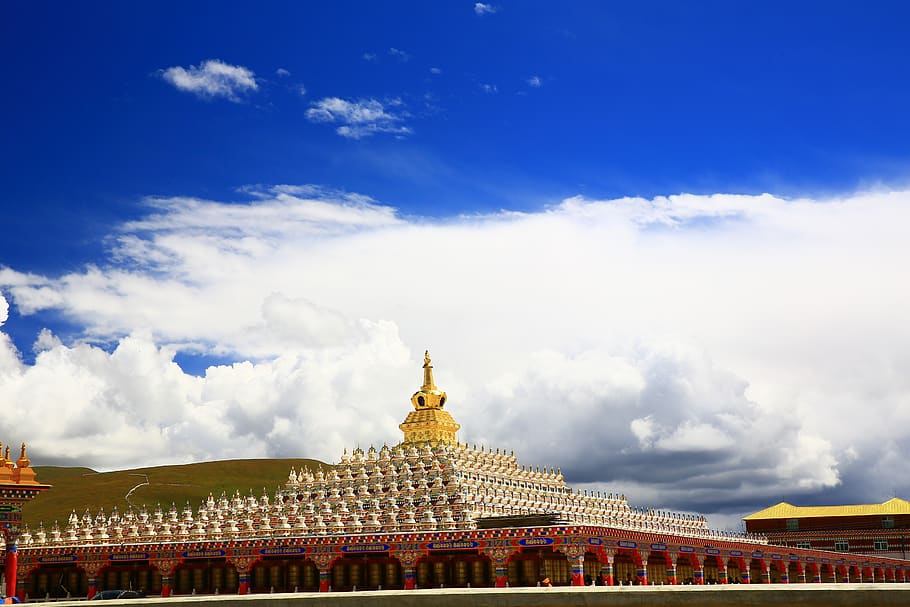 white cloud, by the tower, plateau, buddha, the sichuan-tibet, architecture, built structure, cloud - sky, sky, building exterior