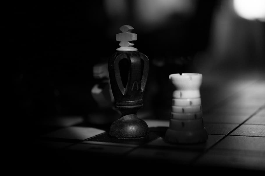 grayscale photo, chess pieces, chess, king, board, competition, pawn, intelligence, piece, game