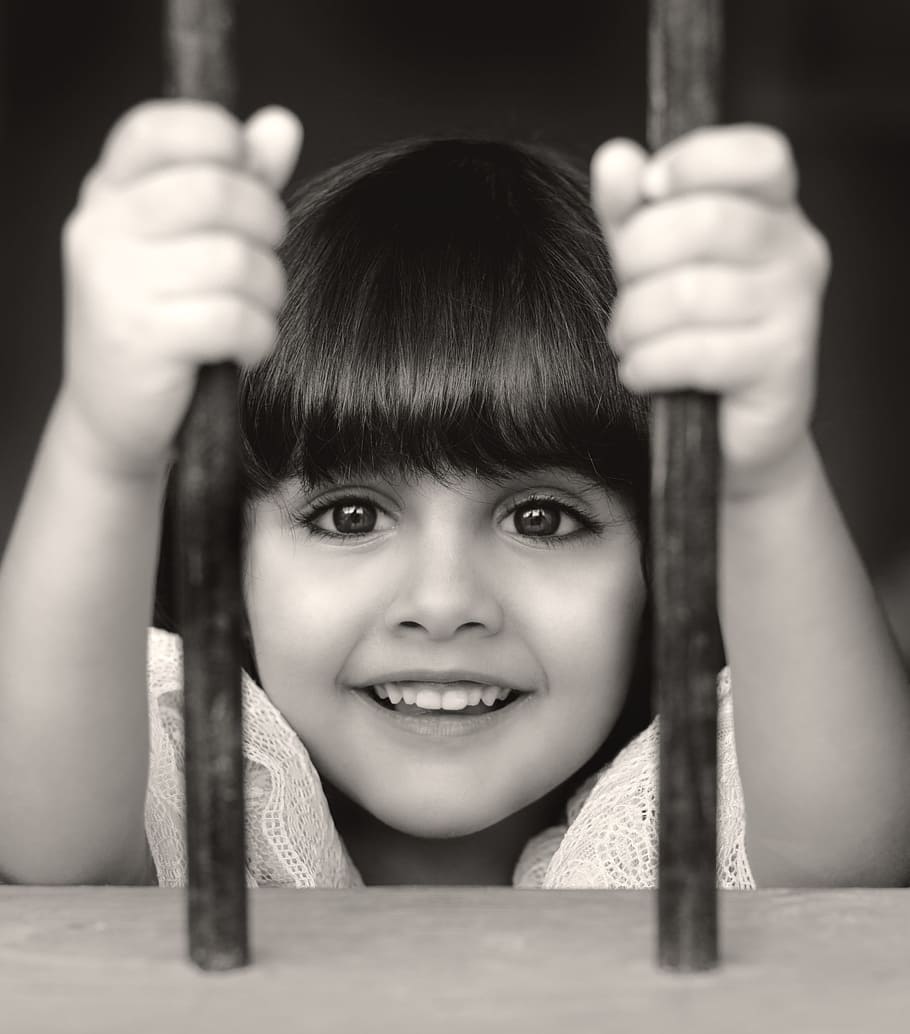 smiling, girl, behind, bars, kids, little, child, childhood, happy, baby