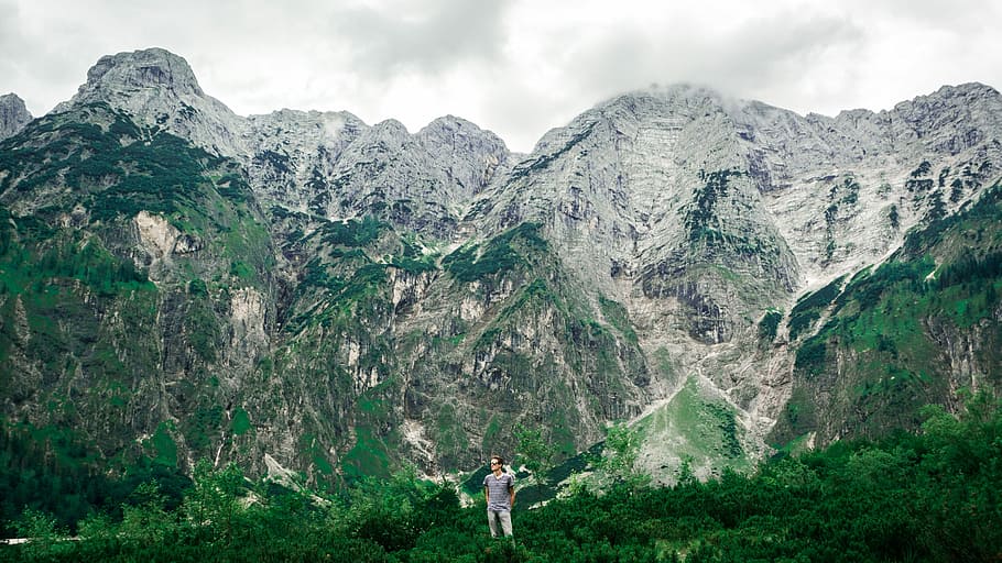 Man, Standing, Beneath, Tall, Mountains, Austria, clouds, photos, landscape, landscapes