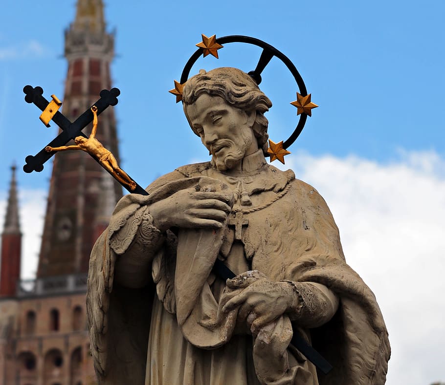 statue, man, holding, crucifix, john of nepomuk, john of pomuk, bridge saint, the secret of confession, bruges, belgium