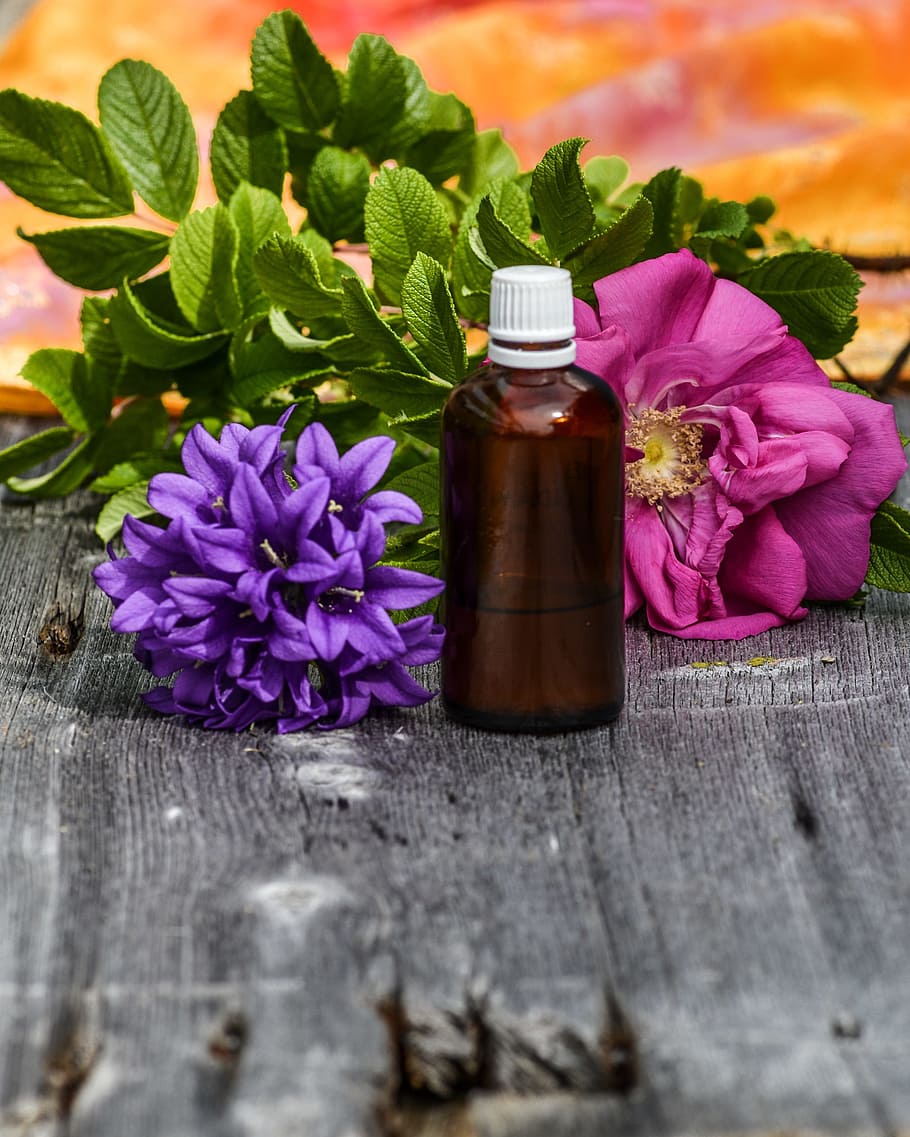 purple, pink, petal flower, brown, white, glass bottle, gray, surface, essential oils, alternative