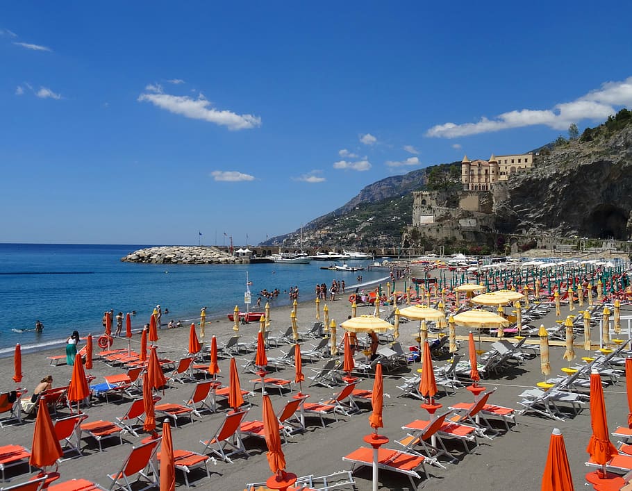 italy, beach, sea, landscape, amalfi coast, vacancy, hobbies, parasols, mediterranean Sea, coastline