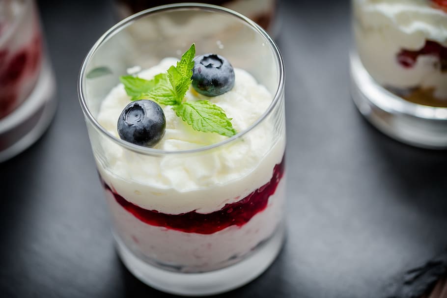ice cream, clear, glass cup, dessert, glass, delicious, sweet, sweet dish, blueberries, specialty