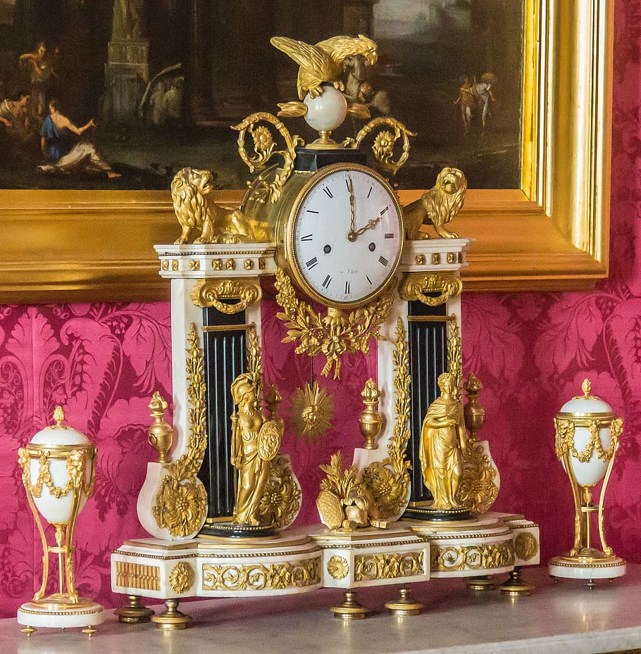 Avô relógio, tempo, relógio, algarismos romanos, dourado, relógio de mesa, tempo de, velho, cor dourada, ouro