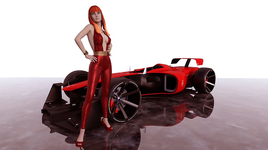 red-haired, female, character, red, f1, f 1 vehicle illustration, racing car, formula 1, motorsport, racing