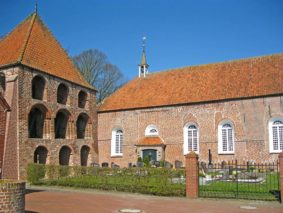 church, northern germany, east frisia, cemetery, architecture, built structure, building exterior, building, arch, clear sky