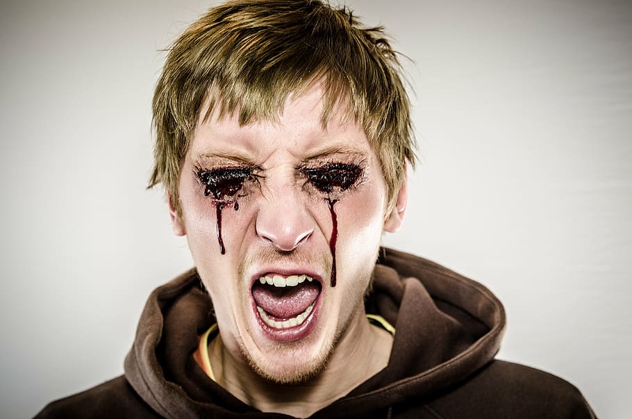man, wearing, brown, hoodie, blood tears, bleeding eyes, dead, zombie, make-up, halloween