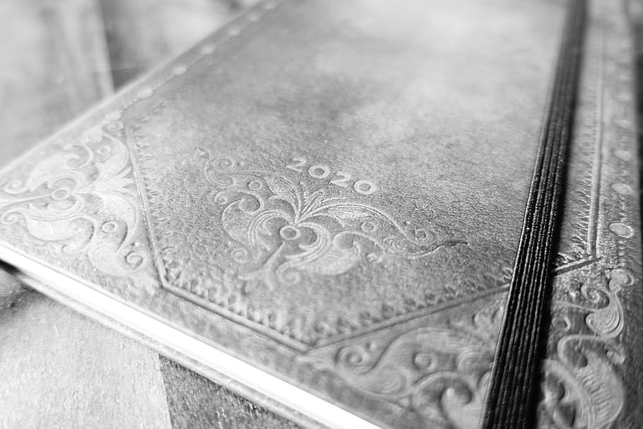 agenda, 2020, book, black white, to write, close-up, pattern, indoors, metal, high angle view