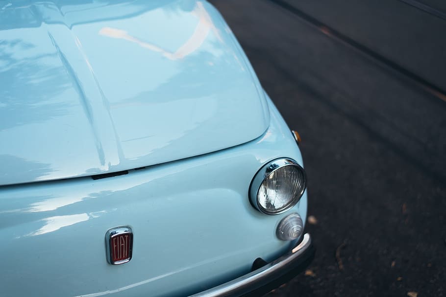 classic, white, fiat vehicle, road, fiat, 500, blue, car, vintage, automotive