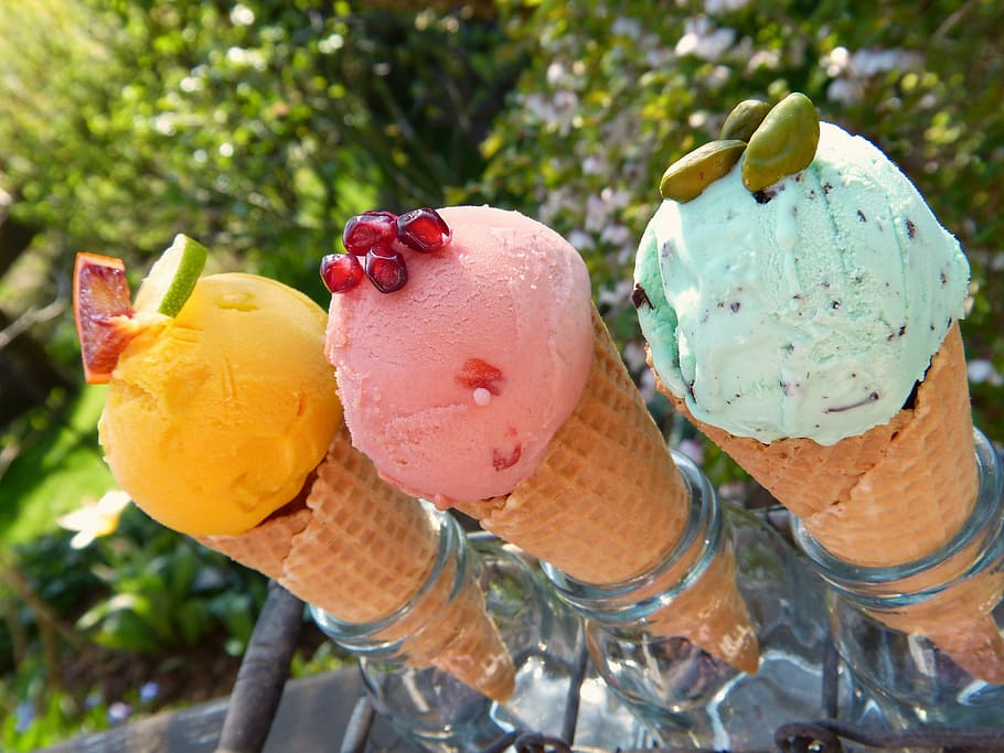 several, ice-creams, sugar cones, glass jars, ice cream, waffles, ice cream cone, summer, ice cream flavors, enjoy