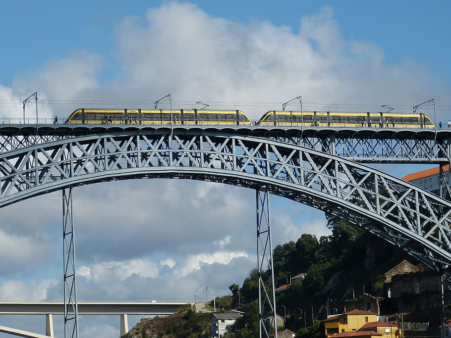 jembatan, logam, lengkungan, kereta api, salib, porto, perjalanan, portugal, pariwisata, douro