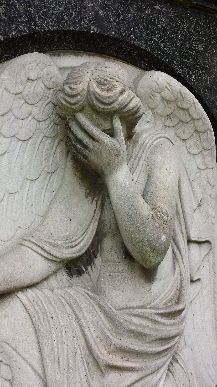 female, angel, covering, face statue, angel figure, tears, cemetery, stone, statue, mourning