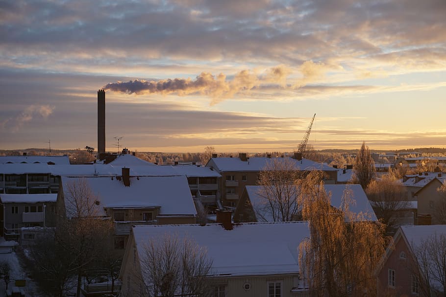 invierno, ciudad, nieve, casa, techo, salida del sol, Suecia, chimenea, himmel, paisajes