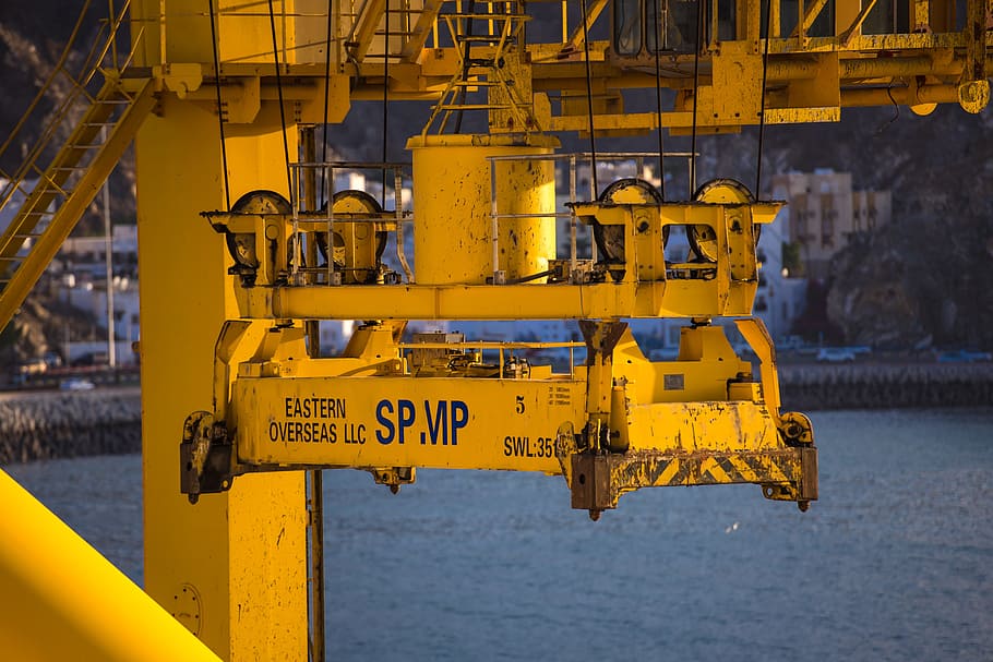 yellow heavy machine, yellow, heavy, machine, industry, trade, loading crane, technology, factory, day