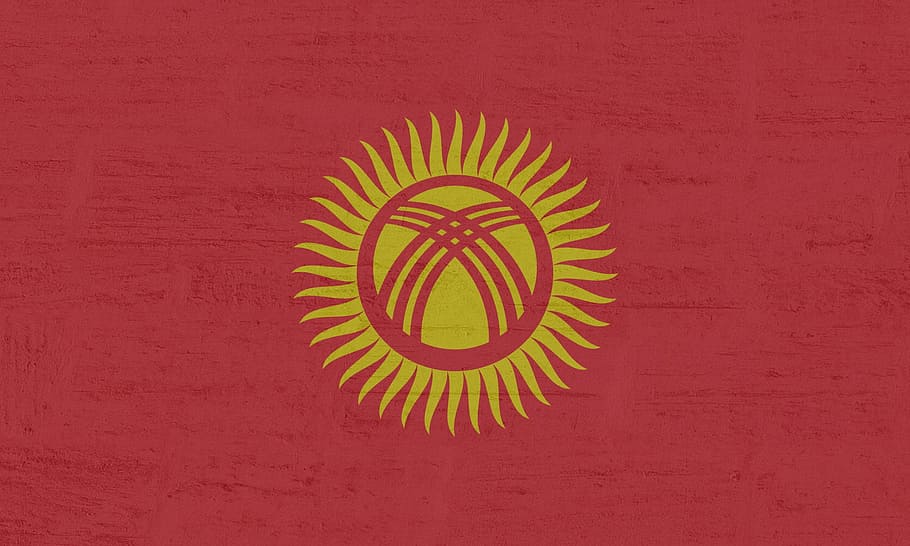 キルギスタン, 旗, 赤, 人なし, 壁-建物の特徴, 幾何学的形状, 形状, 円, デザイン, パターン