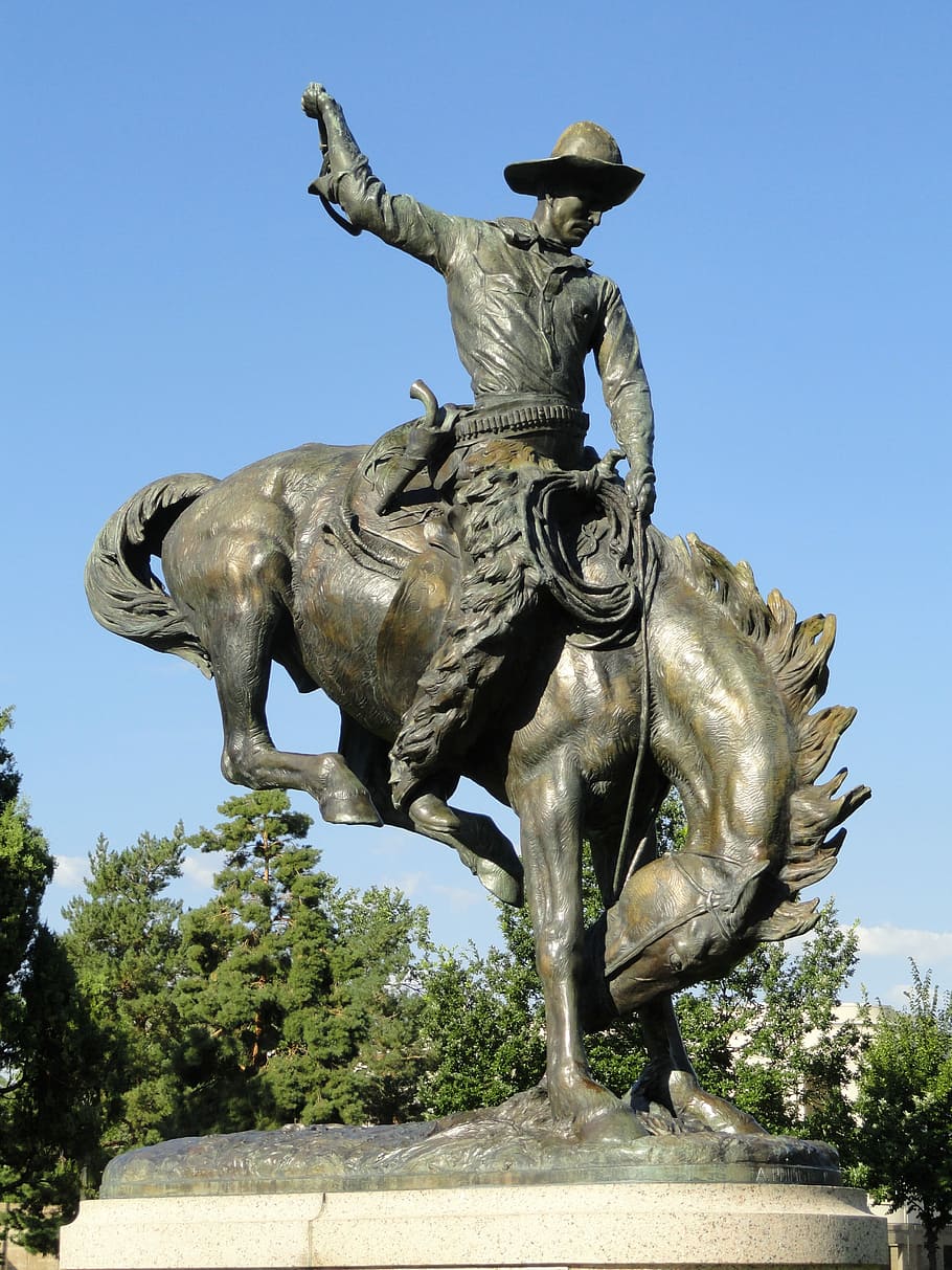 manusia, naik, patung kuda, Denver, Colorado, Patung, Monumen, koboi, kuda, langit