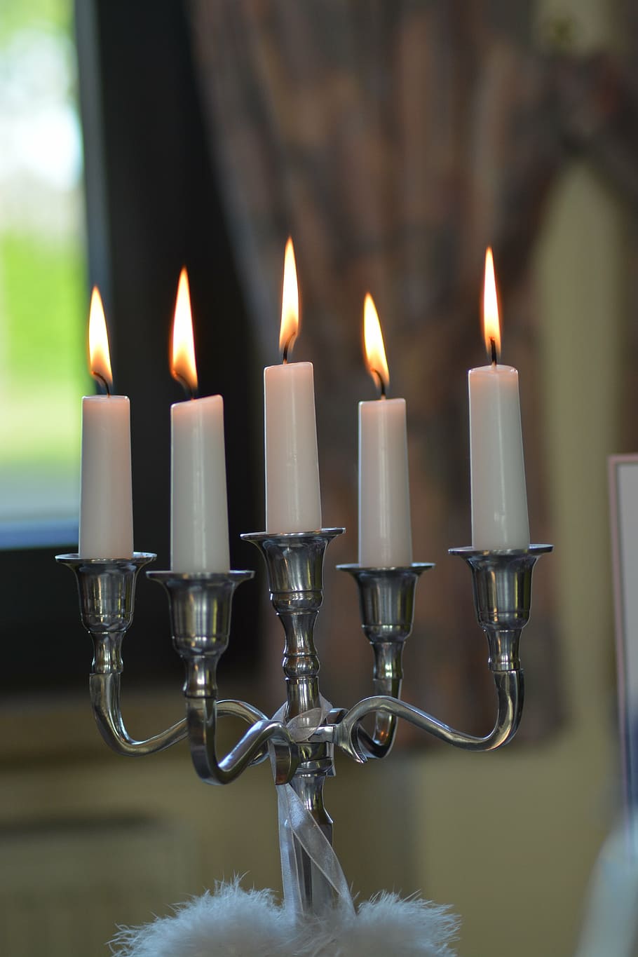 gray, metal candelabra, five, lit, candles, candlestick, fire, flame, white, silver