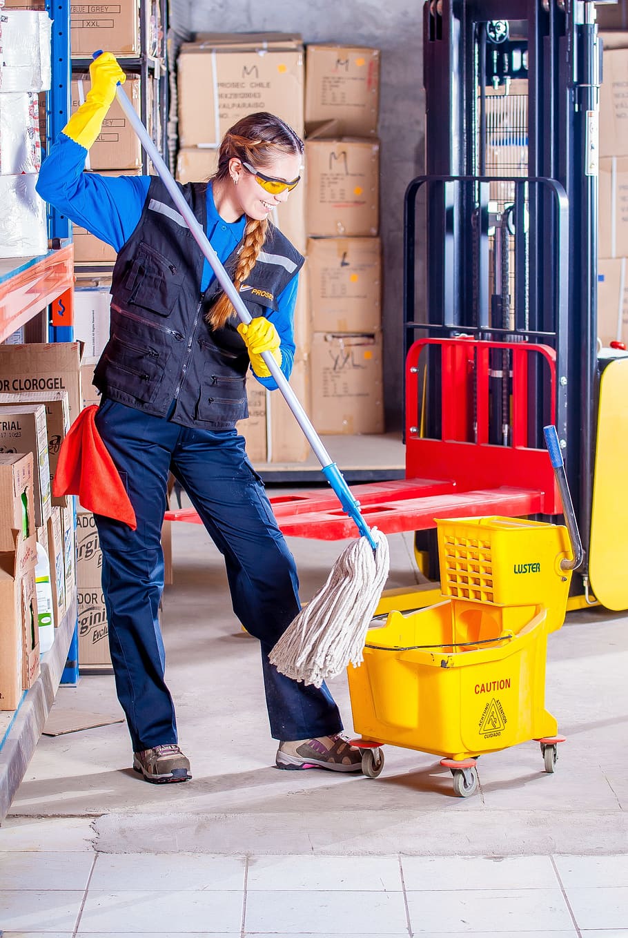 woman, standing, holding, mop, Industrial, Security, Logistic, work clothes, industrial safety, protective goggles