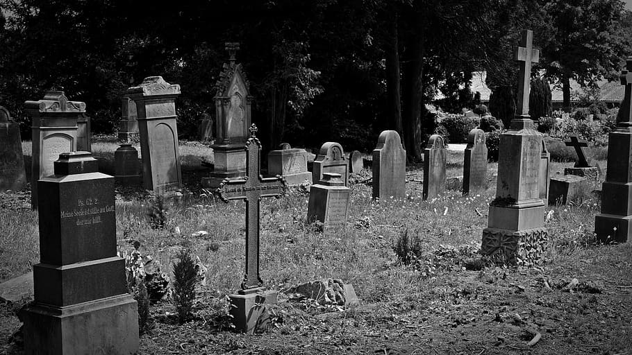 grayscale photo, graveyard, daytime, cemetery, old grave stones, old cemetery, cross, leave, tombstone, god's acre