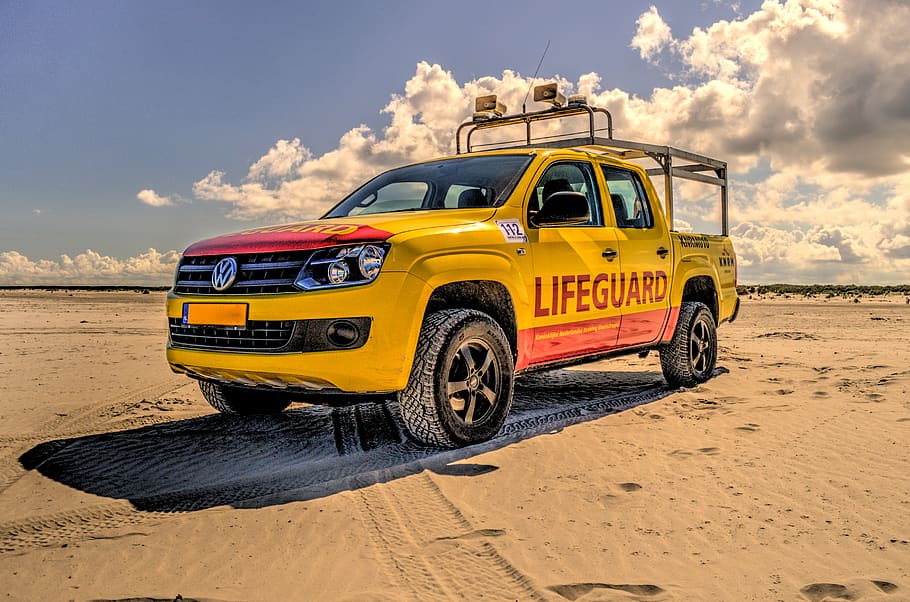 lifeguard, truck, beach, sand, yellow, sunshine, sunny, summer, mode of transportation, transportation