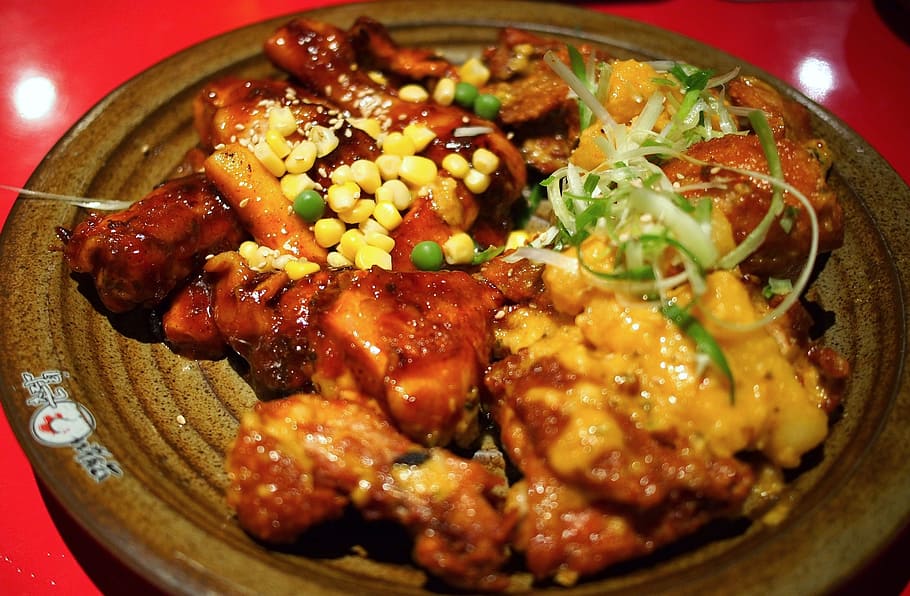 chicken, korean, dish, food, fry, spicy, stirfry, stir-fried, plate, food and drink