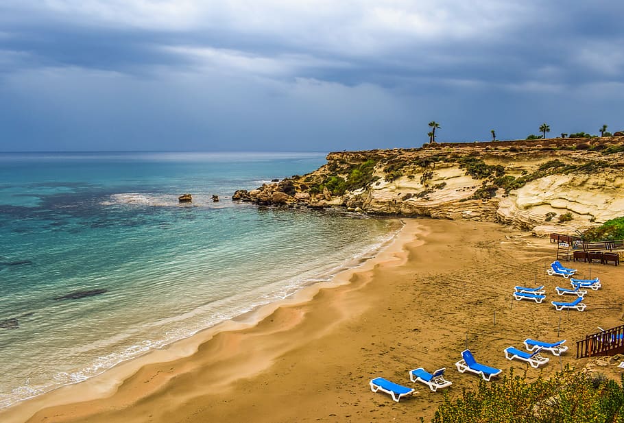 blue-and-white loungers, beach, cyprus, kapparis, empty, autumn, end of season, november, sea, landscape