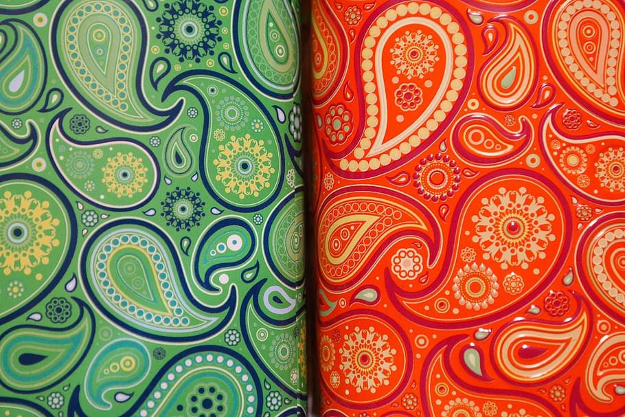 green, red, paisley textiles, tea tins, cans, colorful, color, pattern, metal cans, backgrounds