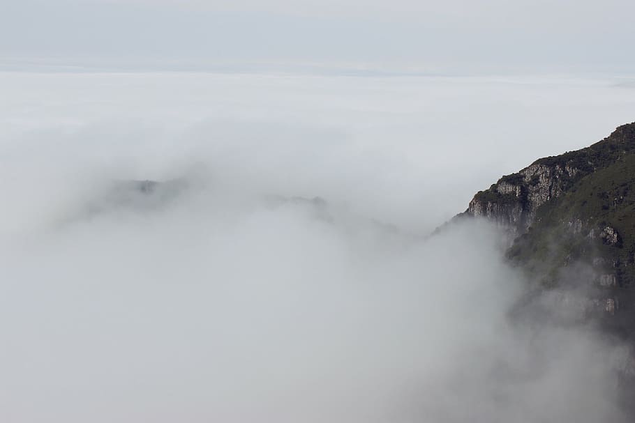 gray, mountain, surrounded, fogs, nature, smoke, fog, white, sky, scenics