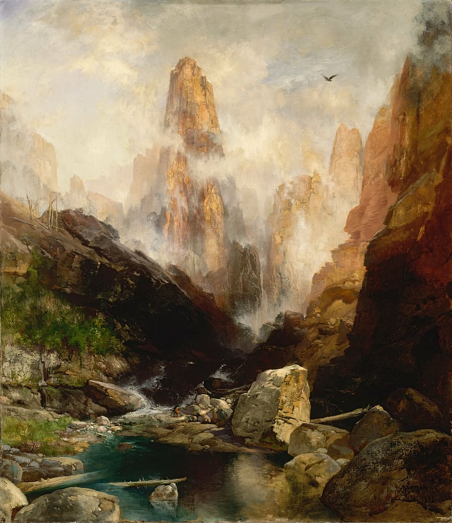 brown mountain painting, thomas moran, painting, oil on canvas, artistic, nature, outside, sky, clouds, landscape
