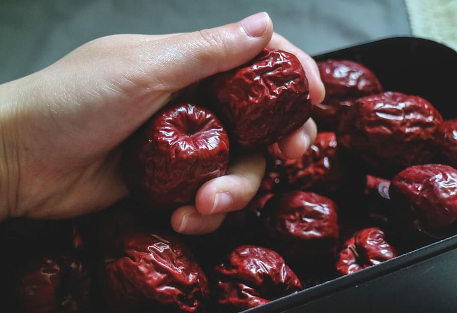 dried red jujube, Dried, Red, Jujube, close up, hands, food, fruit, freshness, close-up