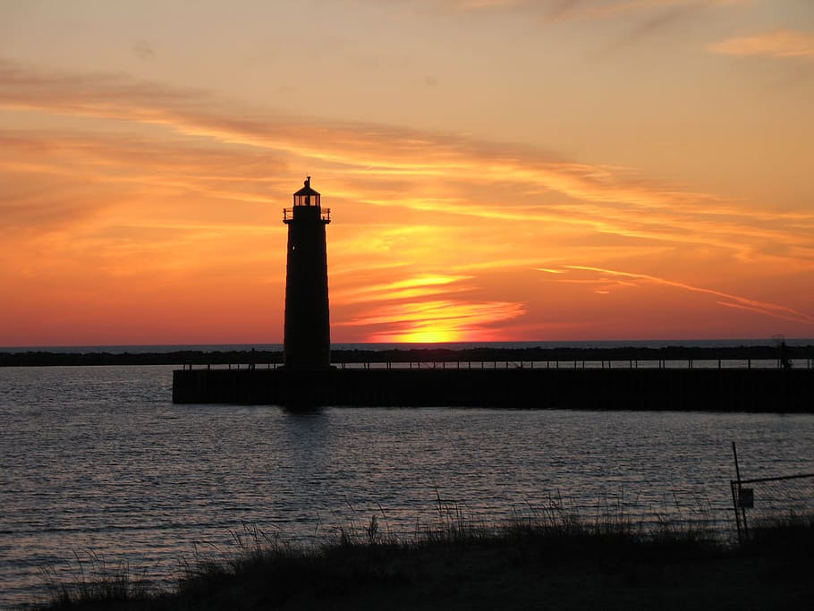 silhouette, susnet, Lighthouse, Sunset, Beach, sky, sunset, beach, lake michigan, sea, beacon