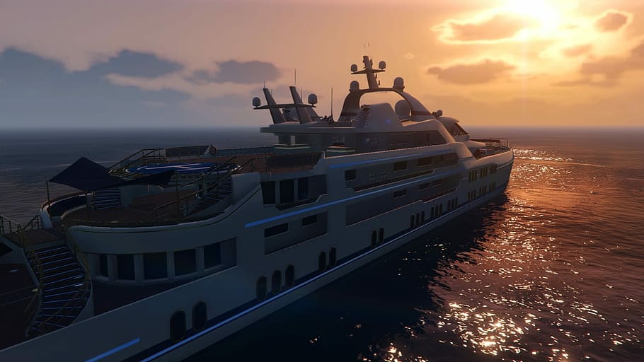 Gta V, Yacht, Sunset, Video Game, sea, beach, nautical vessel, horizon over water, dusk, water