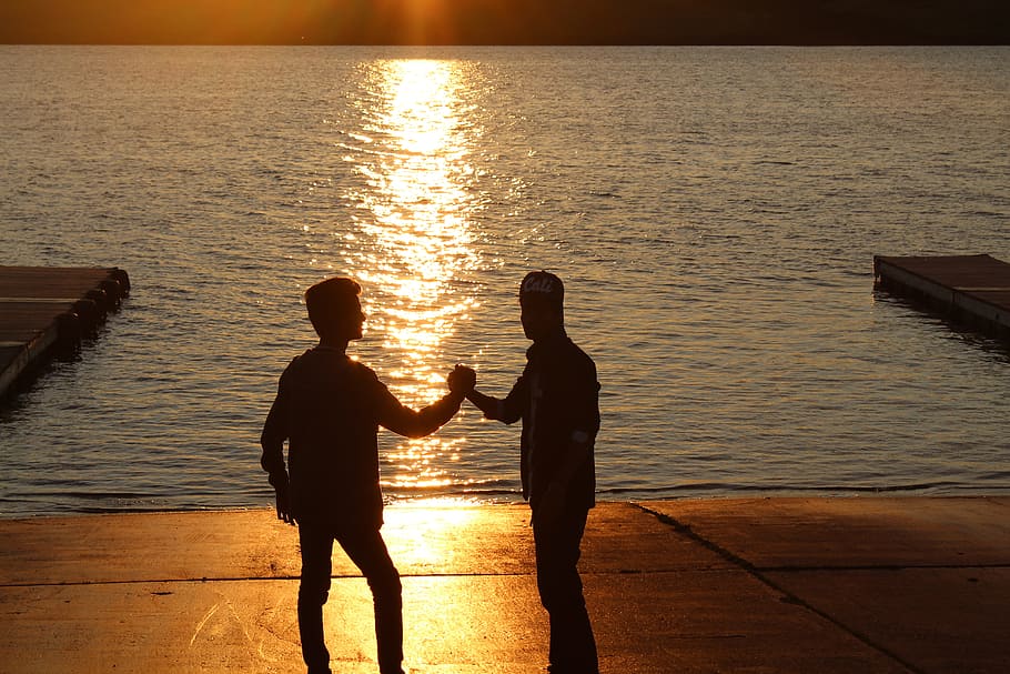 dos, de pie, hombre, tenencia, manos, océano, puesta de sol, mejores amigos, amigos, amistad