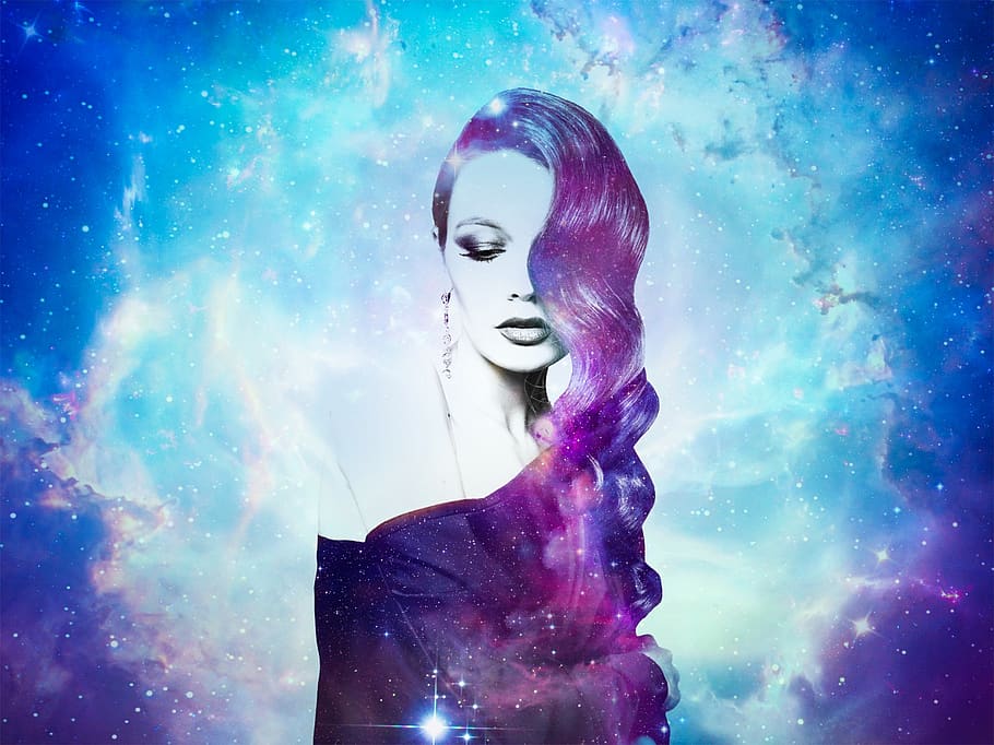 galáxia, mulheres, photoshop, retrato, arte digital, arte photoshop, estrela, composto digital, céu, azul