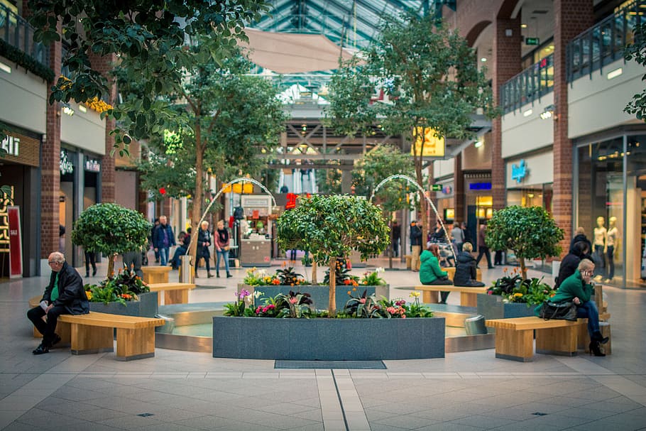 green, leafed, plant lot, shopping mall, square, mall, center, spring, tree, water