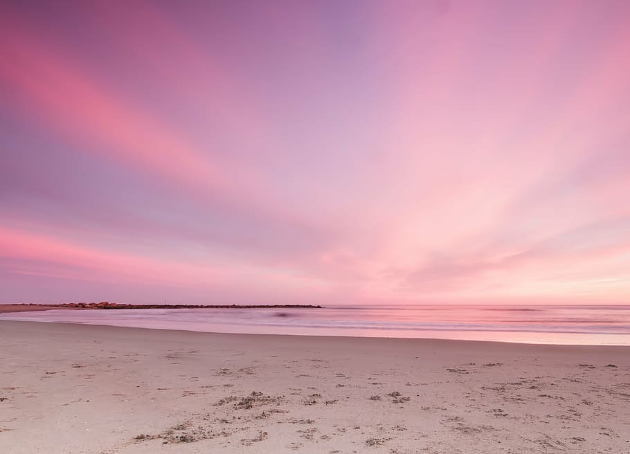 arena gris, puesta de sol, playa, el cielo, horizonte, rosa, paisaje marino, romántico, país, océano