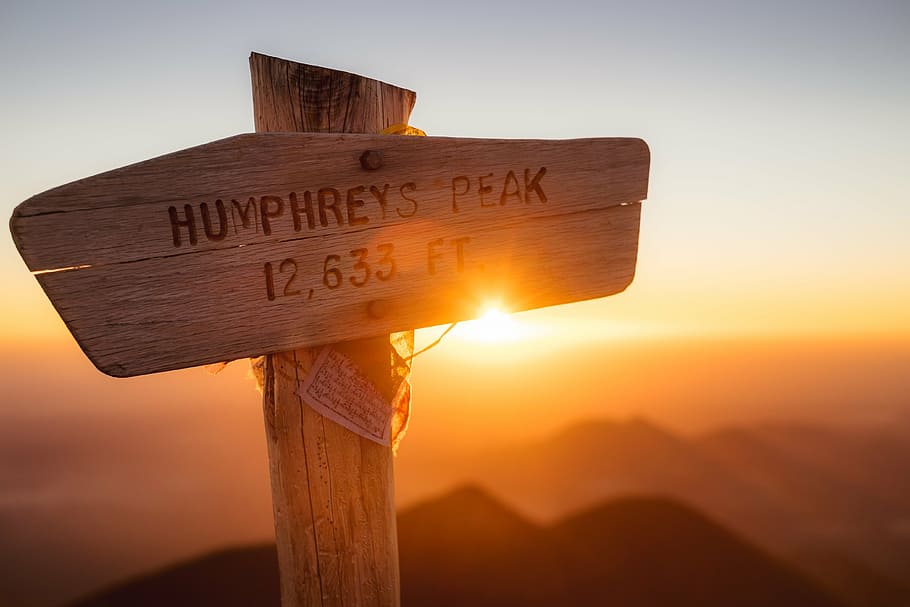 humphreys peak signage, closeup, foto, humphreys, pico, madeira, sinalização, dourado, hora, placa