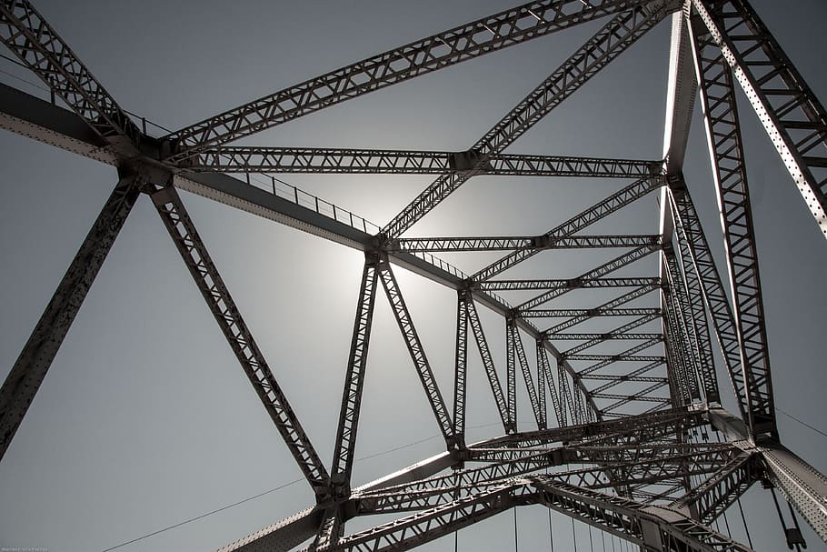 low, angle photography, transmission tower, white, grey, steel bridge, supporter, bridge, engineering, co