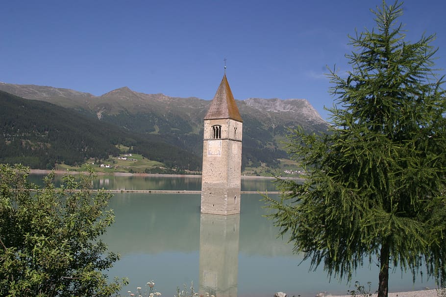 south tyrol, italy, val venosta, sunken church, lake, mountains, steeple, built structure, tree, architecture