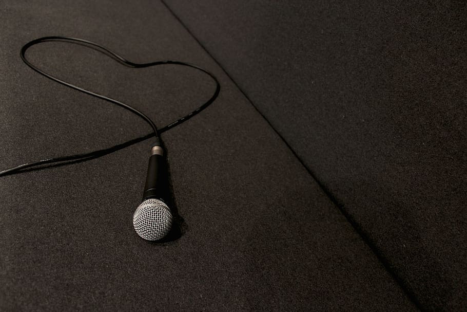 mike, hart, music, microphone, sound, technology, close-up, indoors, high angle view, still life